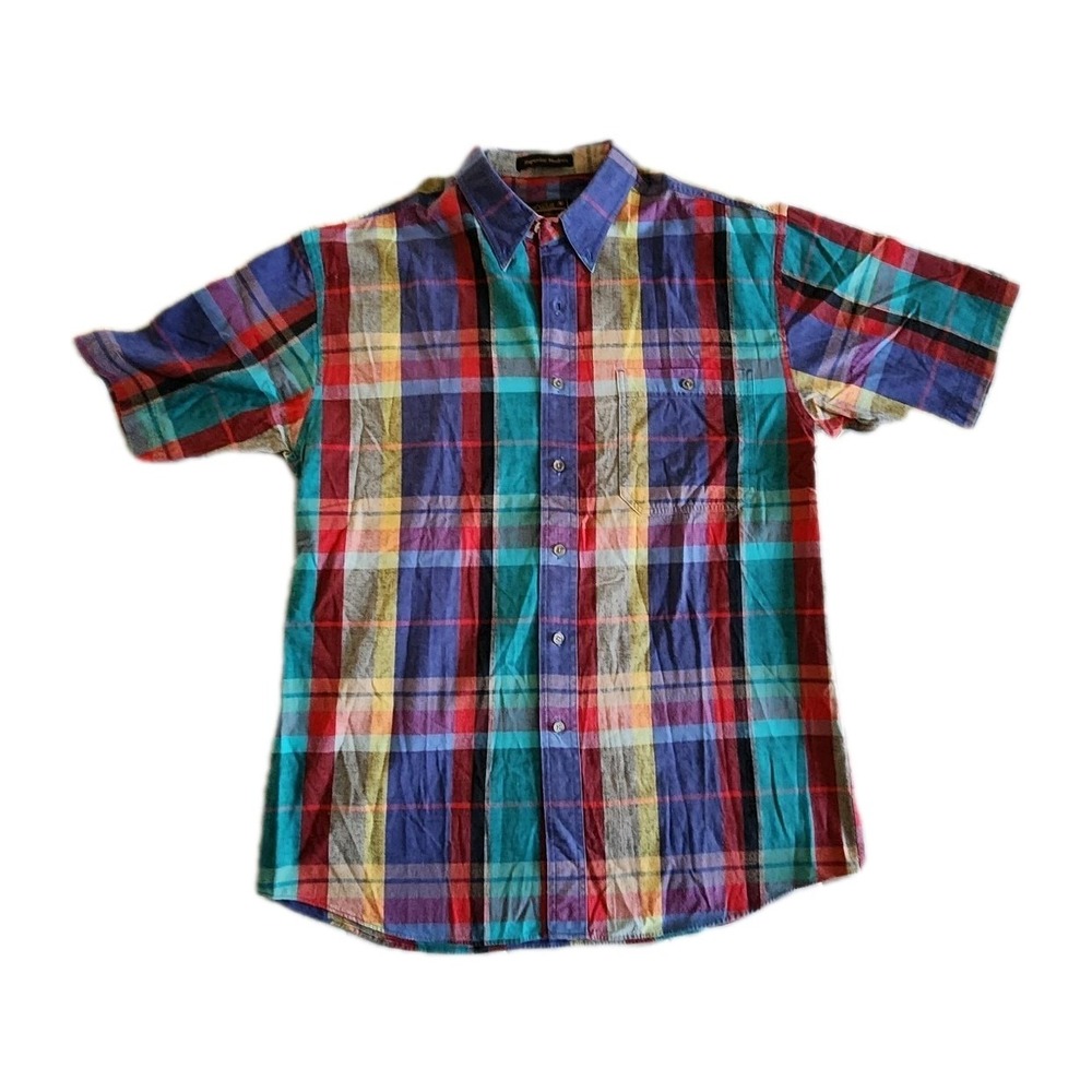 Eddie Bauer Superior Madras‎ Plaid Shirt Men's L Colorful 100% Cotton Vintage